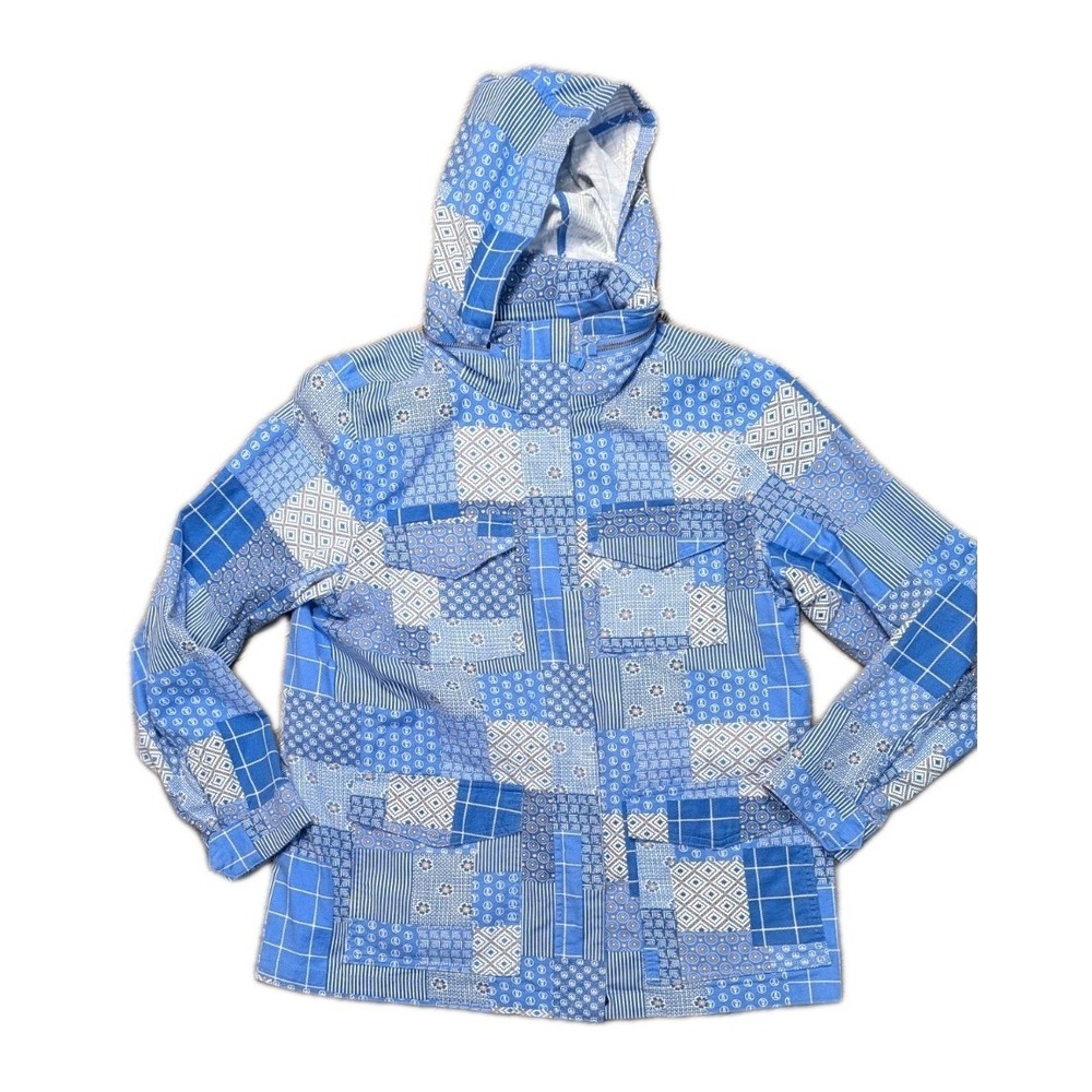 Lands End Rain Jacket M/P Quilted Patchwork Pockets Hooded Coastal Grandma Artsy